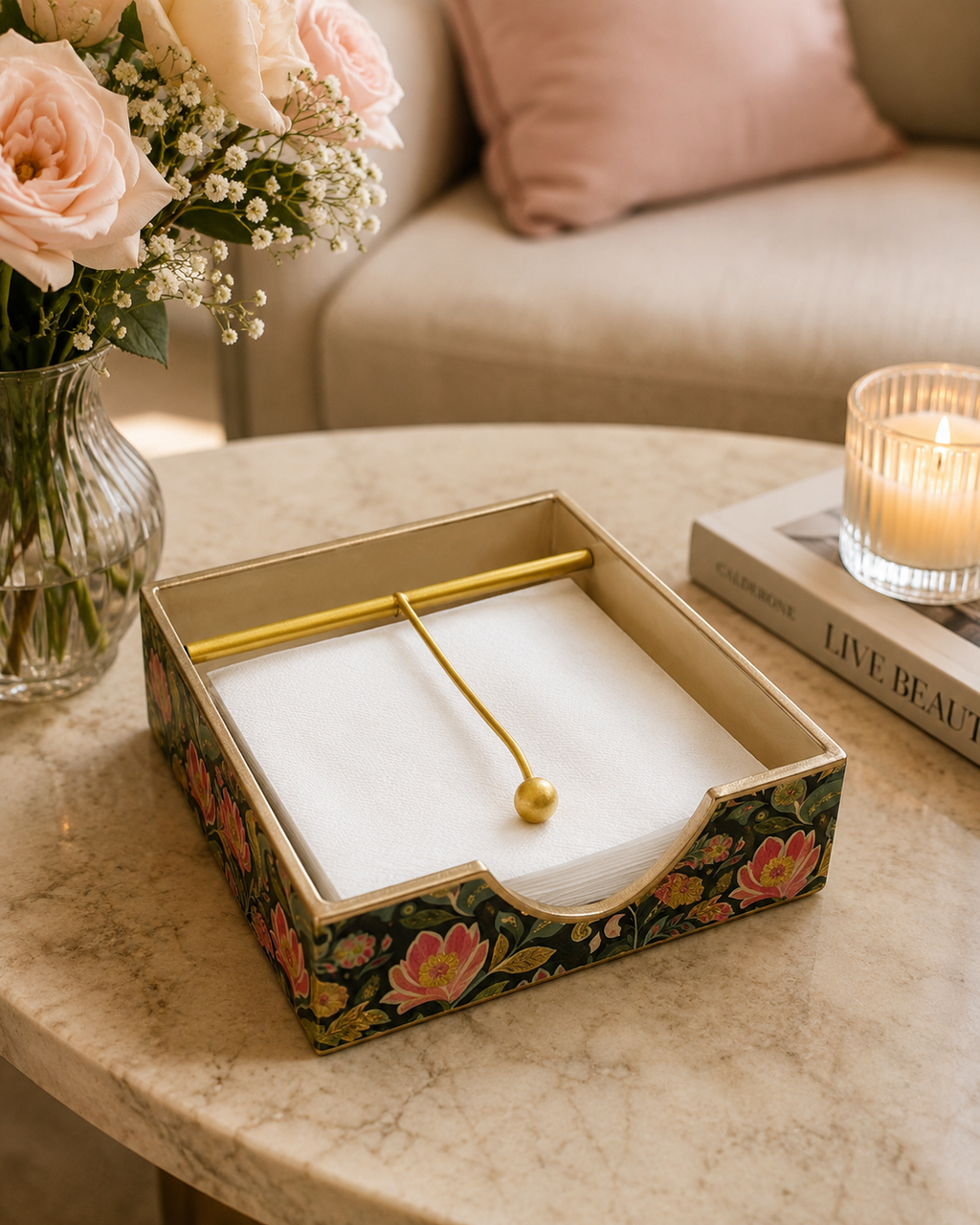 Elegant Floral Wooden Tissue Holder | Decorative Napkin Holder for Kitchen, Dining & Living Room