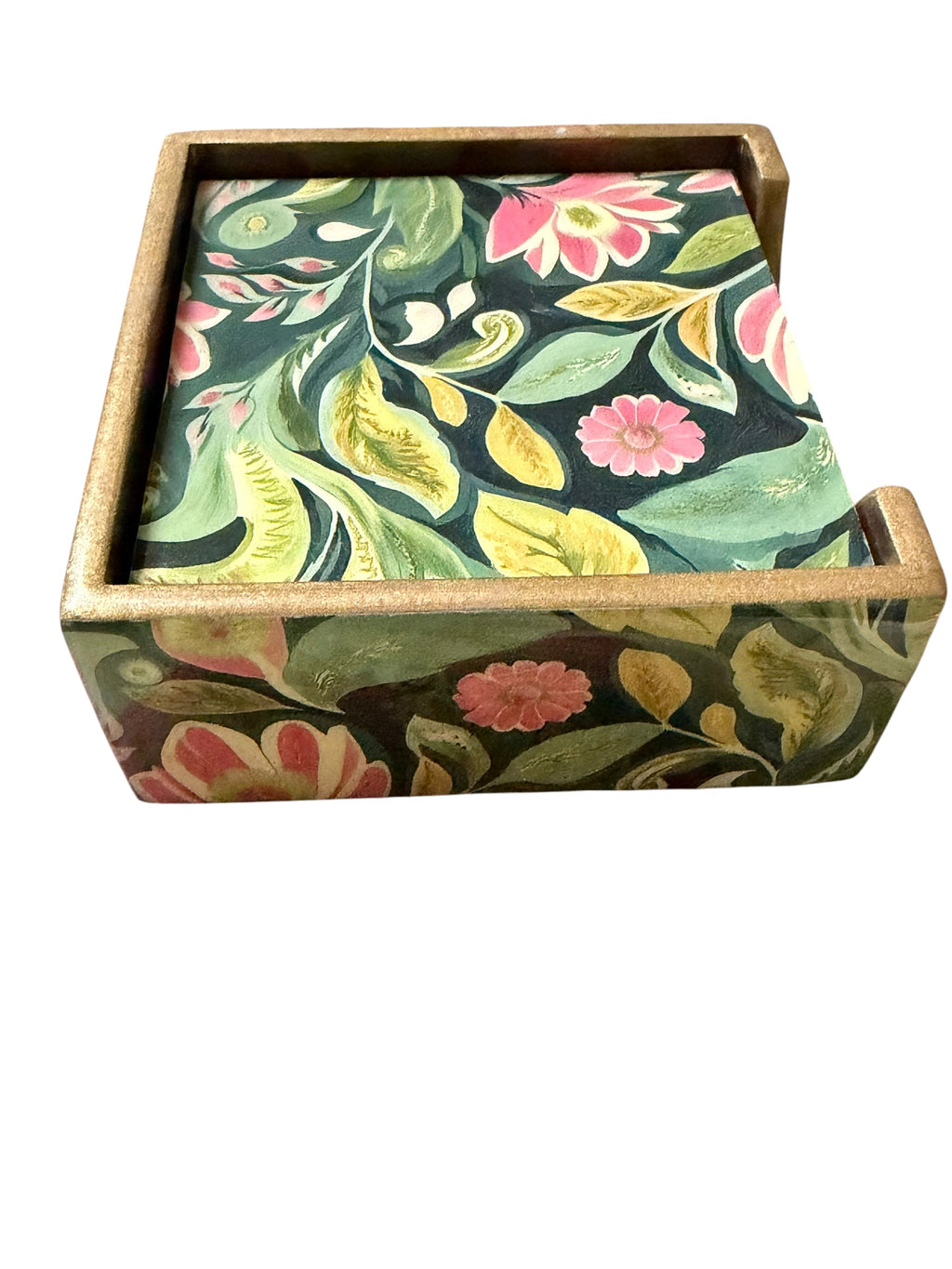 Floral Wooden Coaster Set with Holder – Set of 6 Decorative Coasters – Unique Indian Artwork