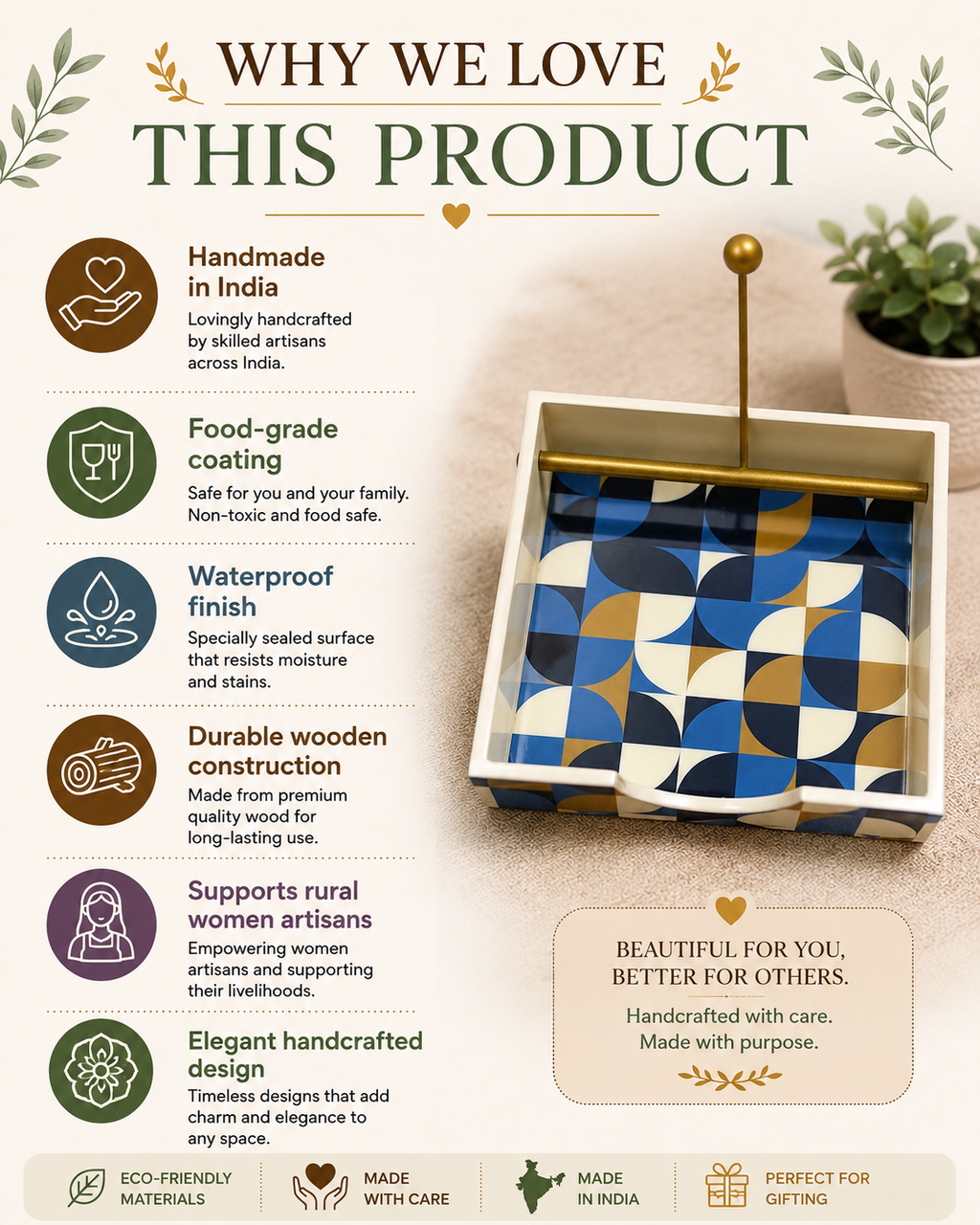 Handmade Wooden Napkin Holder with Gold-Tone Rod | Decorative Blue & Gold Table Accessory