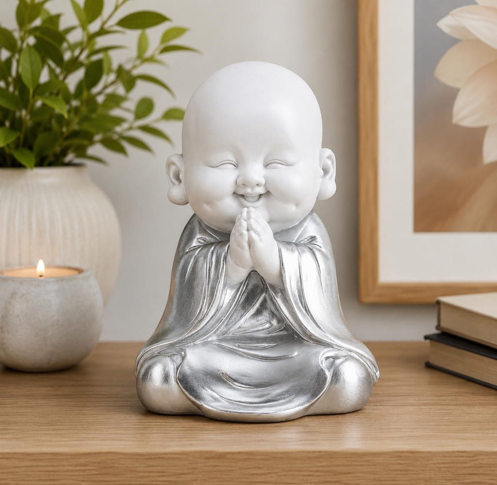 HESTIA Baby Buddha Praying Ornament White & Silver Resin Zen Figurine Home Décor 24cm