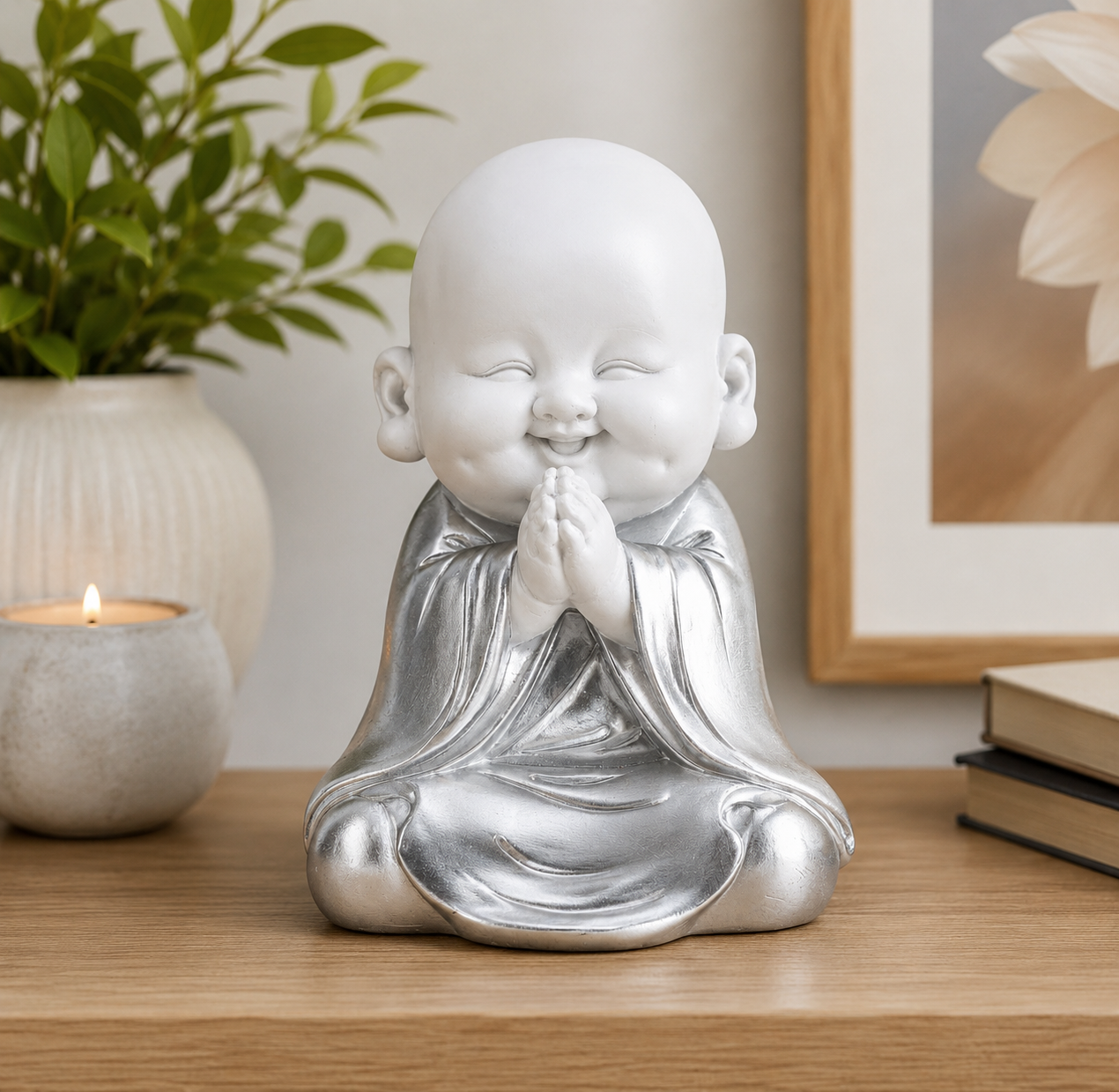 HESTIA Baby Buddha Praying Ornament White & Silver Resin Zen Figurine Home Décor 24cm