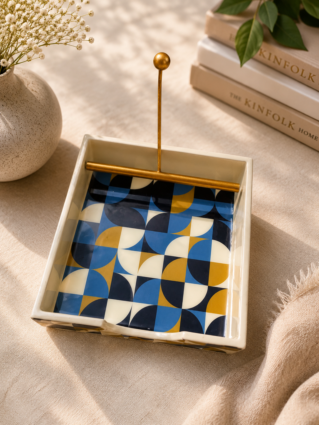 Handmade Wooden Napkin Holder with Gold-Tone Rod | Decorative Blue & Gold Table Accessory