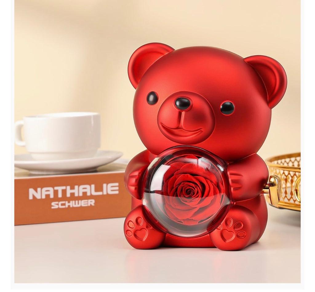 Luxury Eternal Rose Teddy Bear Gift with Real Preserved Rose & Hidden Jewellery Box – Romantic Gift for Her – Red