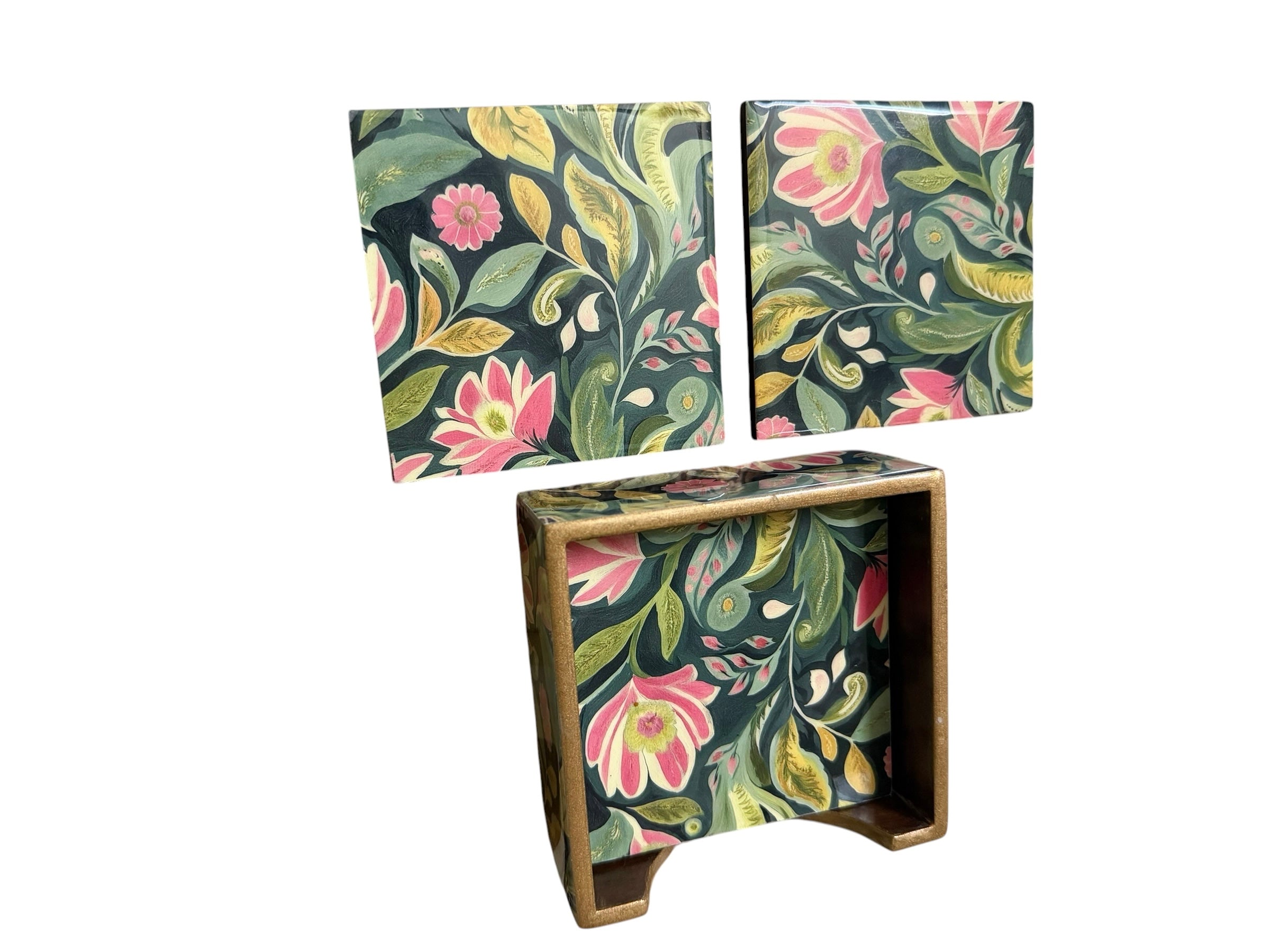 Floral Wooden Coaster Set with Holder – Set of 6 Decorative Coasters – Unique Indian Artwork