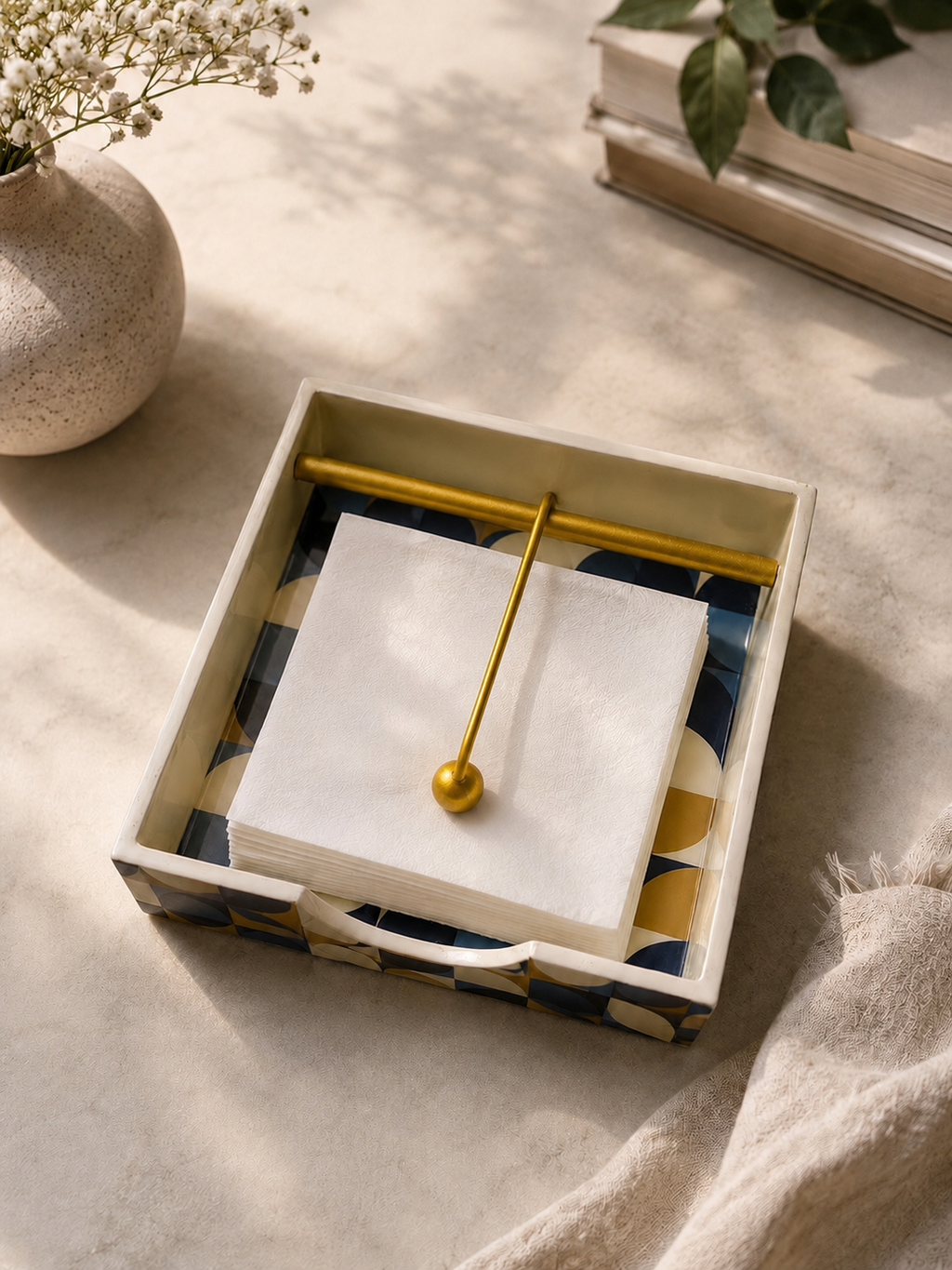 Handmade Wooden Napkin Holder with Gold-Tone Rod | Decorative Blue & Gold Table Accessory