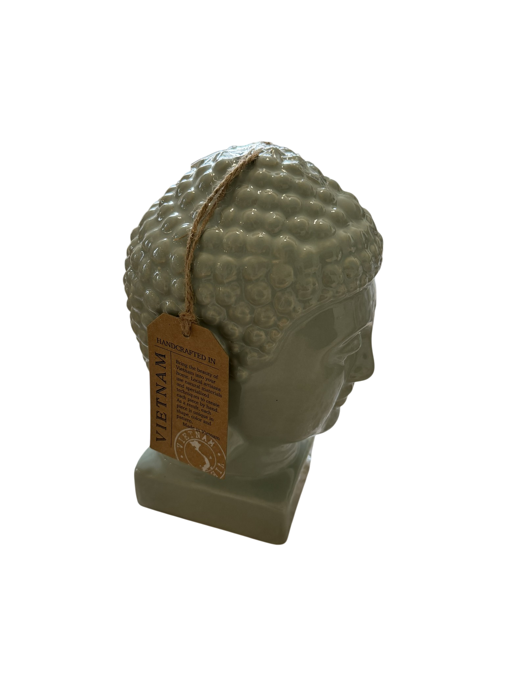 Handcrafted Vietnamese Ceramic Buddha Head Ornament – Sage Green Glazed Zen Sculpture – Meditation Home Décor Gift