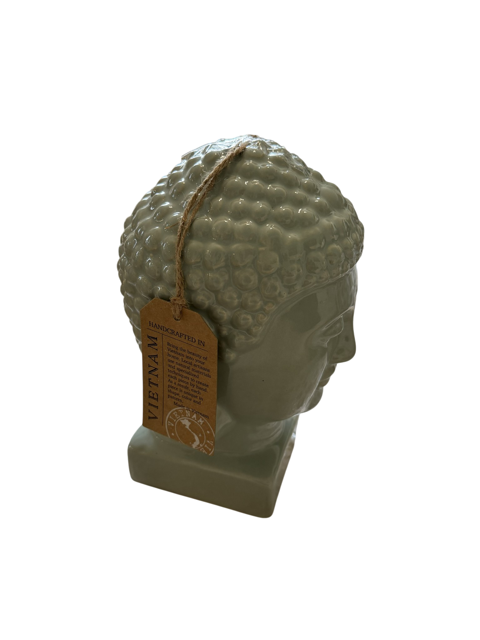 Handcrafted Vietnamese Ceramic Buddha Head Ornament – Sage Green Glazed Zen Sculpture – Meditation Home Décor Gift