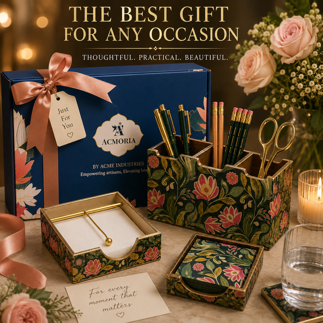Luxury Floral Desk Gift Set – Desk Organiser, Tissue & Note Holder and Coaster Set | Premium Gift Boxed Collection