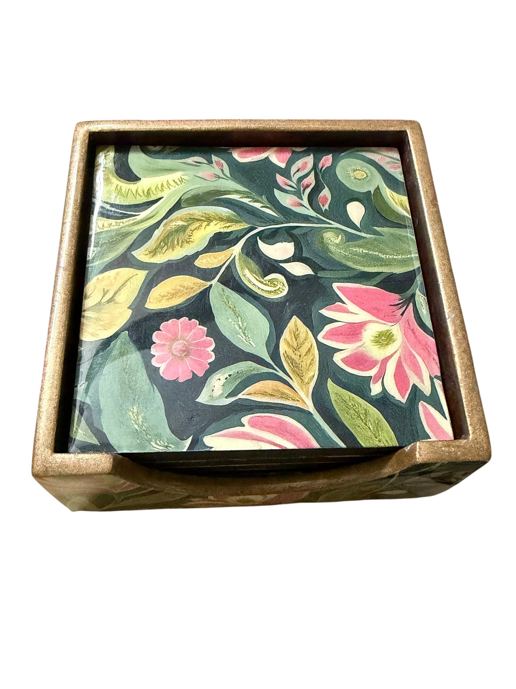 Floral Wooden Coaster Set with Holder – Set of 6 Decorative Coasters – Unique Indian Artwork