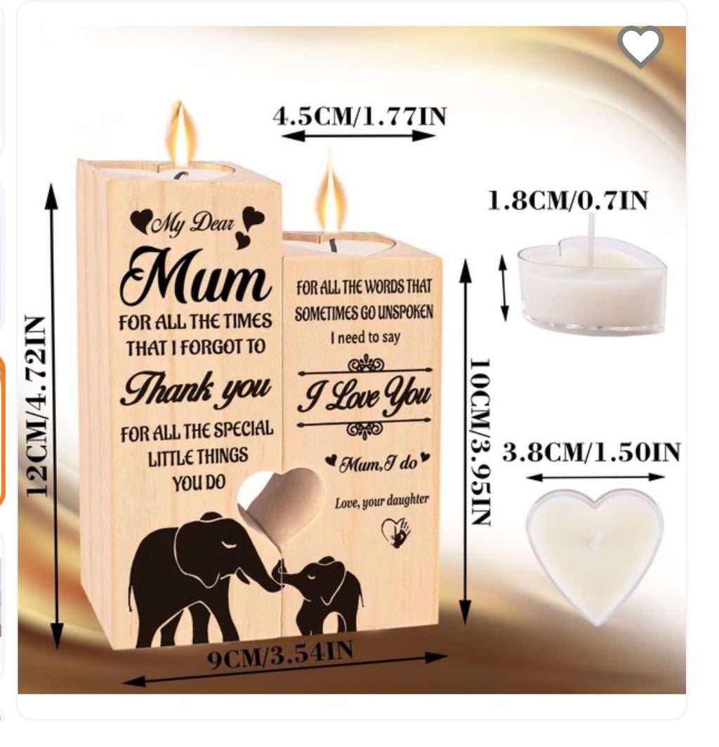 Mum Wooden Tealight Candle Holder Gift | Heart Design | Mother’s Day Present