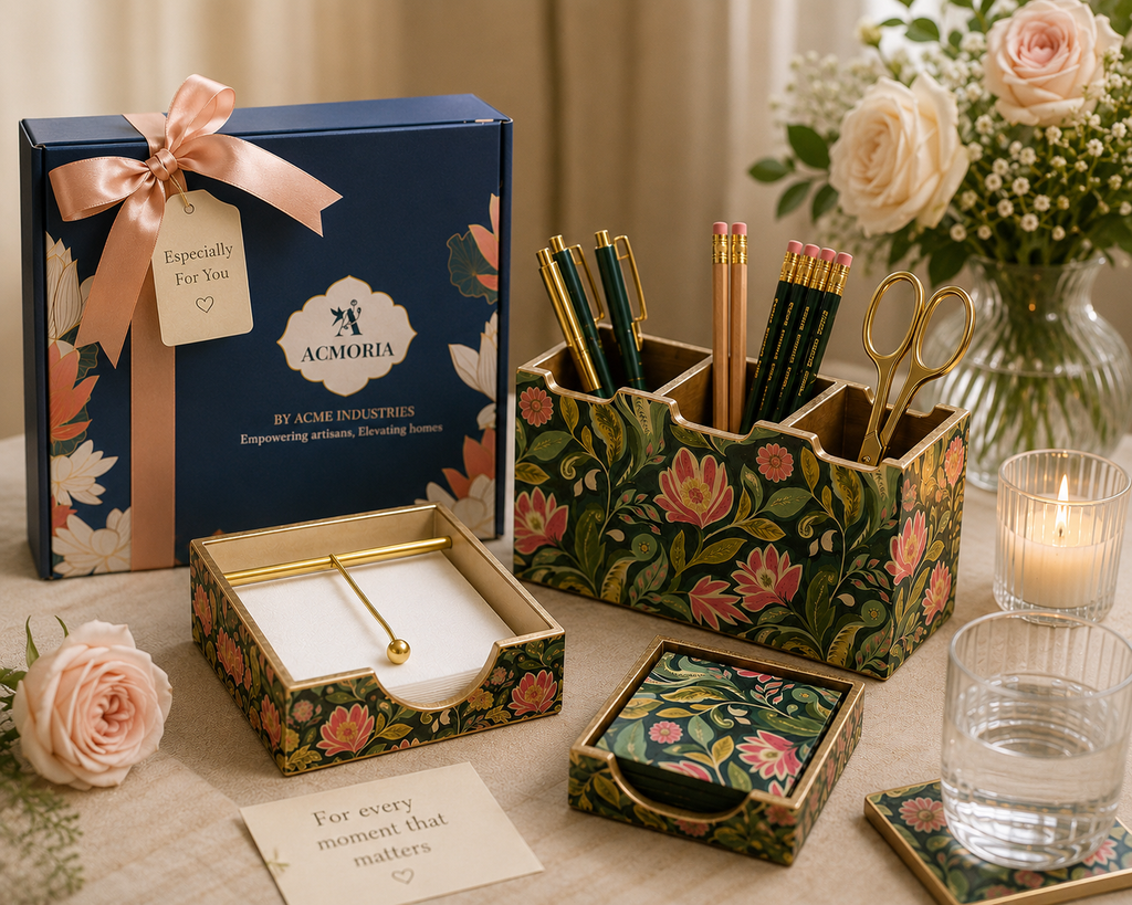 Luxury Floral Desk Gift Set – Desk Organiser, Tissue & Note Holder and Coaster Set | Premium Gift Boxed Collection