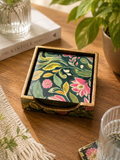 Floral Wooden Coaster Set with Holder – Set of 6 Decorative Coasters – Unique Indian Artwork