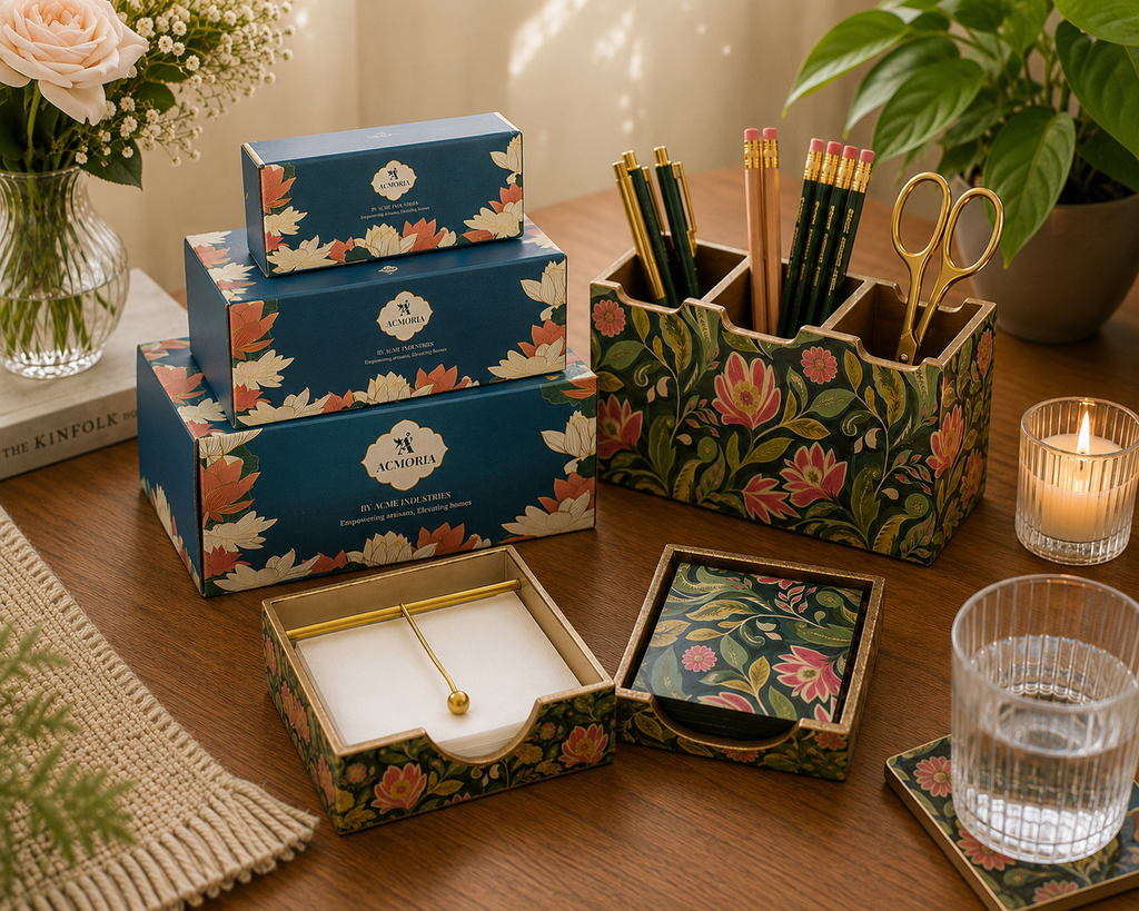 Luxury Floral Desk Gift Set – Desk Organiser, Tissue & Note Holder and Coaster Set | Premium Gift Boxed Collection