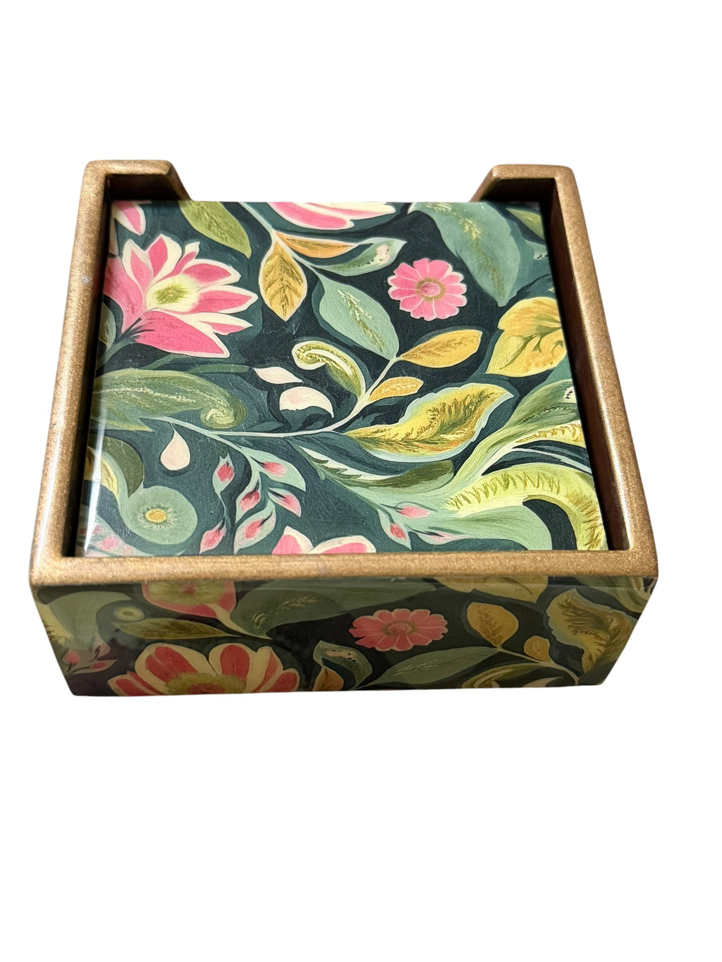Floral Wooden Coaster Set with Holder – Set of 6 Decorative Coasters – Unique Indian Artwork