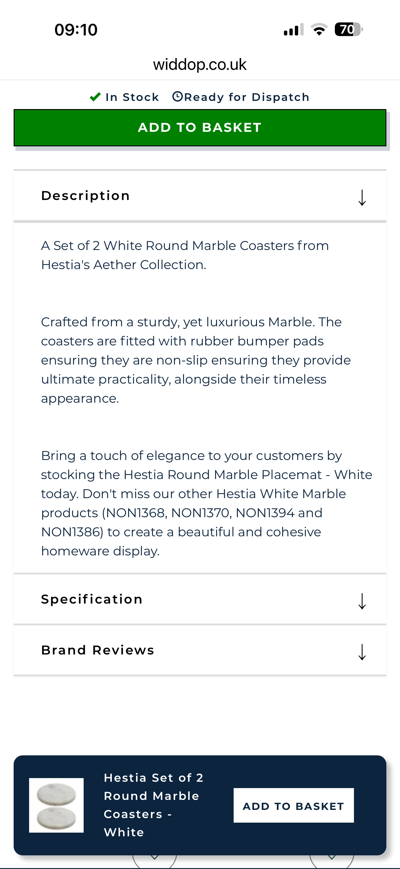 Hestia Set of 2 Round Marble Coasters - White