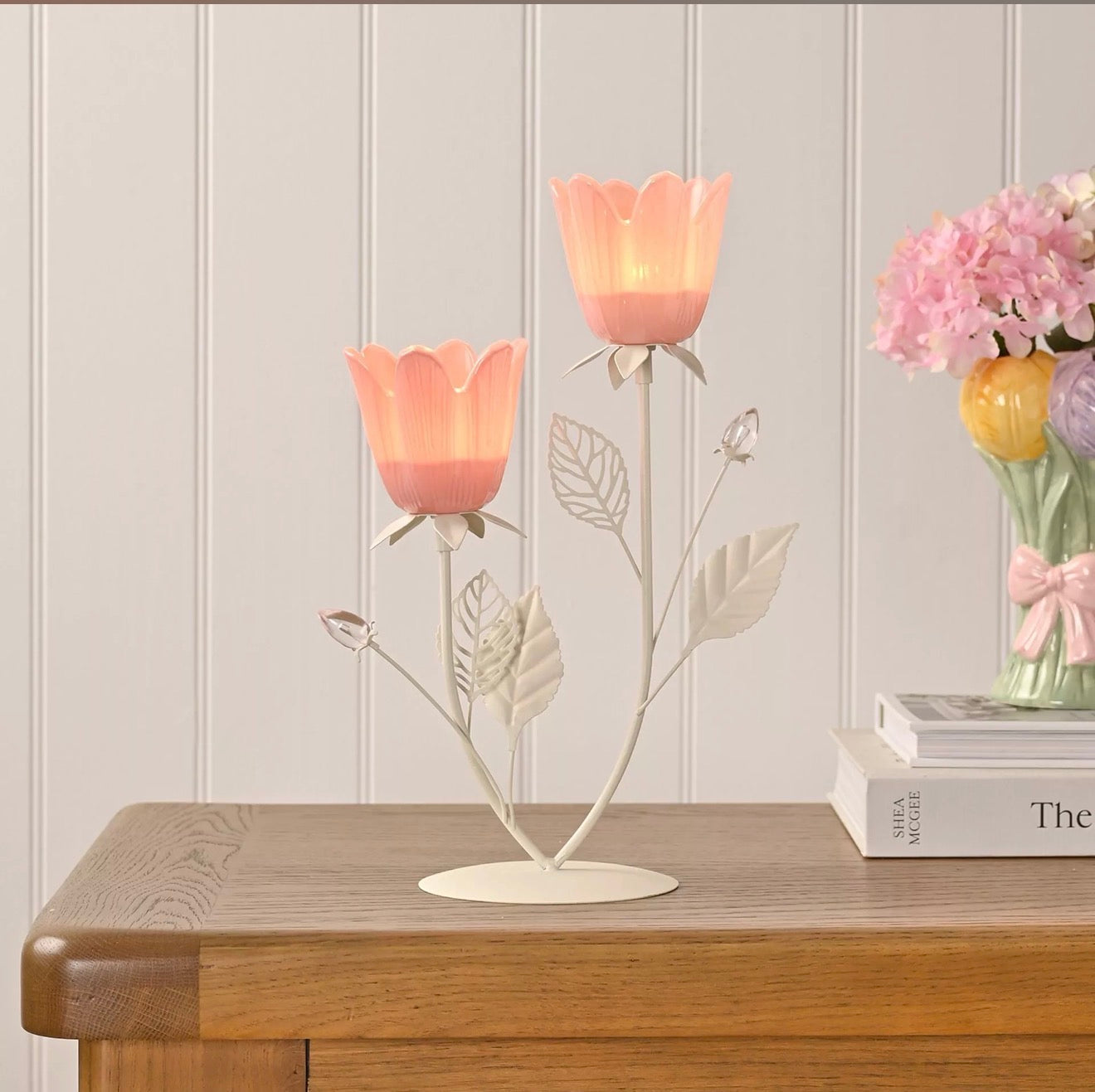 Hestia Pink & Cream Floral Double Candle Holder