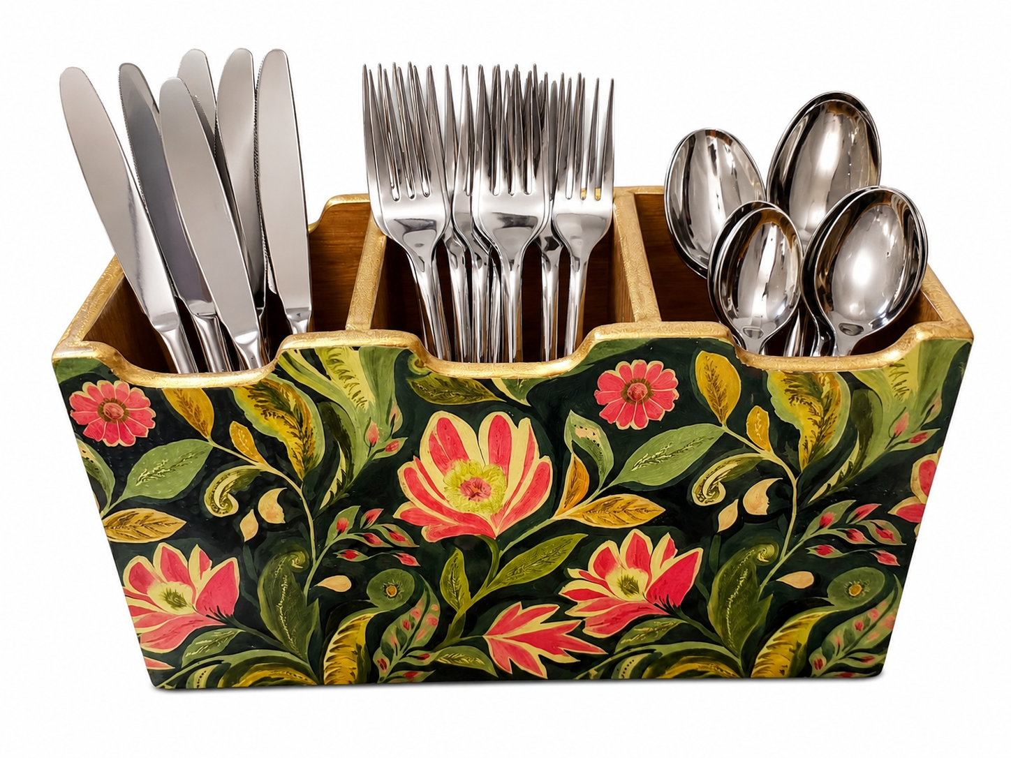 Floral Wooden Cutlery Holder 3 Compartment Kitchen Organiser Utensil Storage Caddy