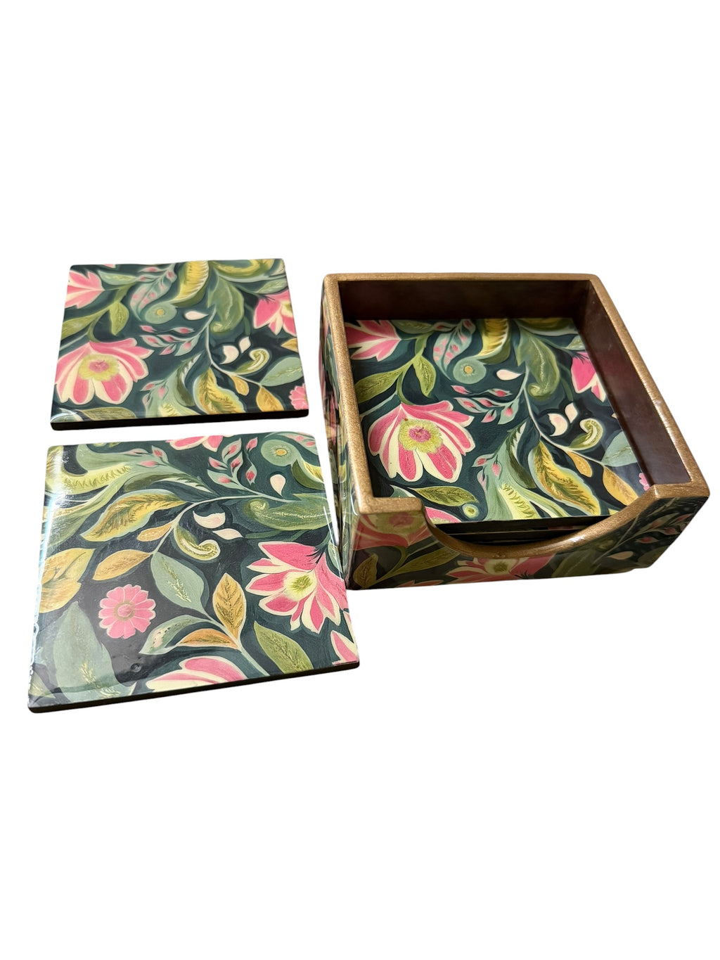Floral Wooden Coaster Set with Holder – Set of 6 Decorative Coasters – Unique Indian Artwork