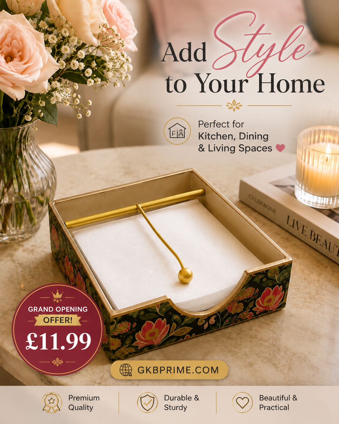 Elegant Floral Wooden Tissue Holder | Decorative Napkin Holder for Kitchen, Dining & Living Room