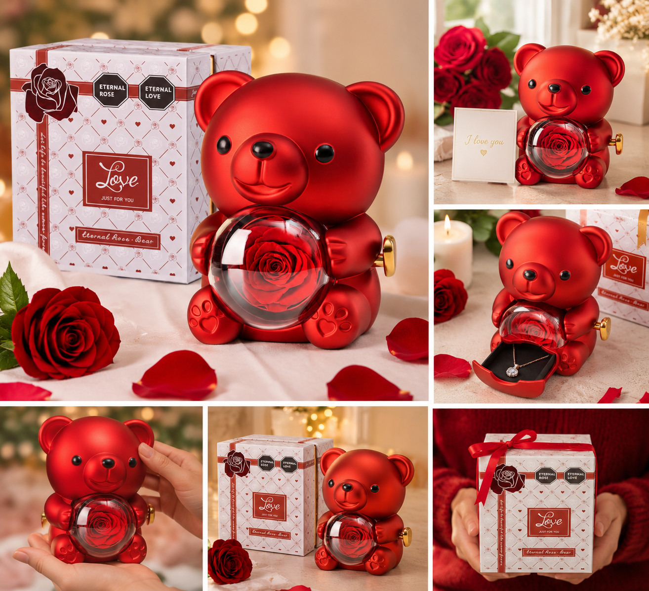 Luxury Eternal Rose Teddy Bear Gift with Real Preserved Rose & Hidden Jewellery Box – Romantic Gift for Her – Red