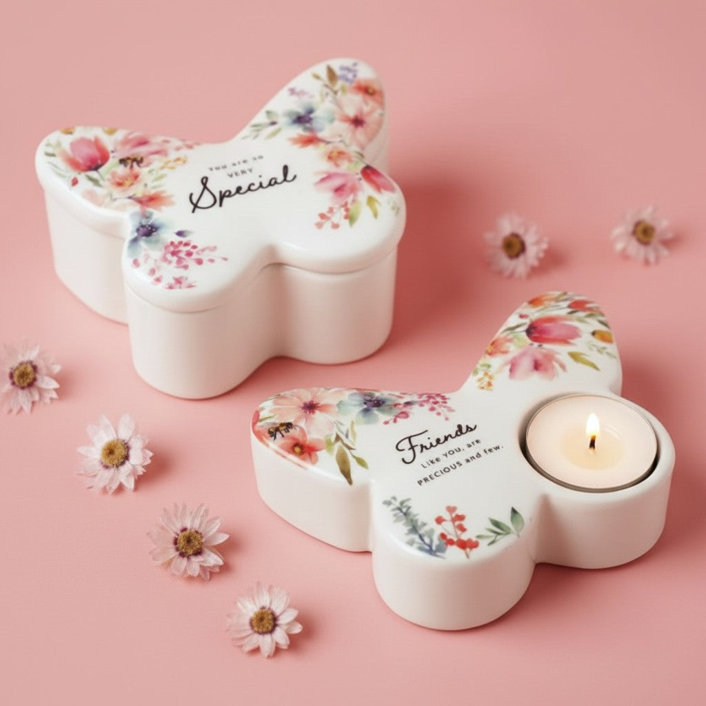 Butterfly Ceramic Gift Set – Trinket Box &amp; Tealight Holder Floral Keepsake Gift