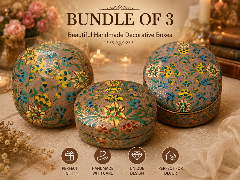 Bundle of 3 Handmade Kashmiri Papier Mâché Trinket Boxes Decorative Gift Boxes Floral