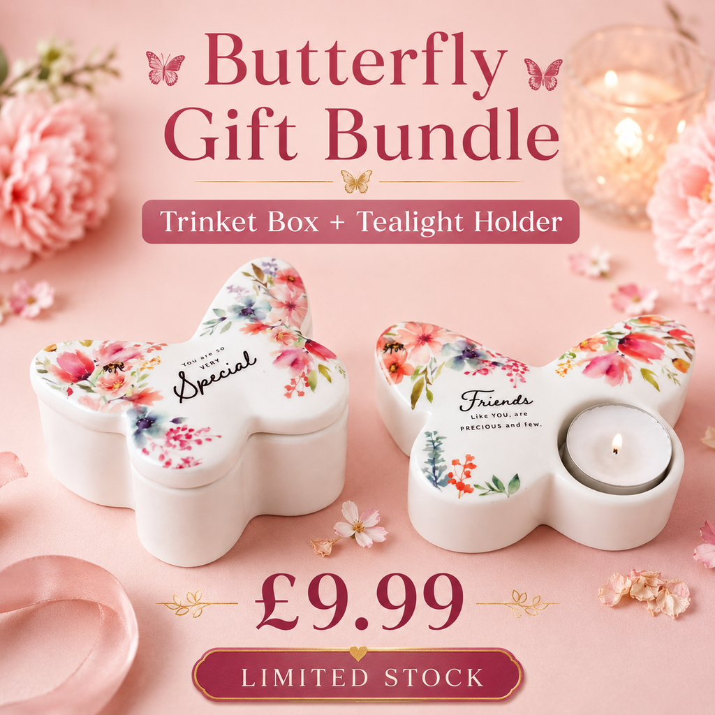 Butterfly Ceramic Gift Set – Trinket Box &amp; Tealight Holder Floral Keepsake Gift