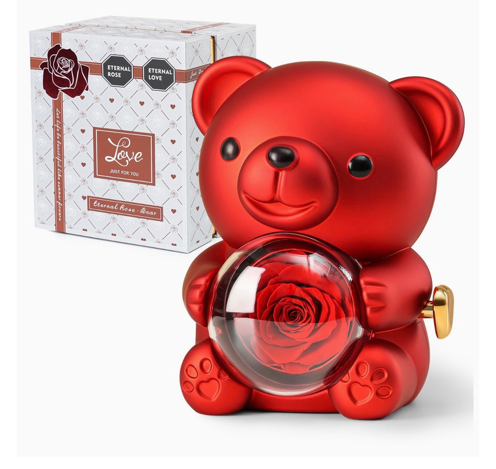Luxury Eternal Rose Teddy Bear Gift with Real Preserved Rose & Hidden Jewellery Box – Romantic Gift for Her – Red