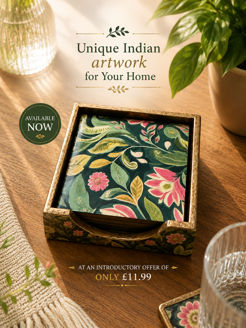 Floral Wooden Coaster Set with Holder – Set of 6 Decorative Coasters – Unique Indian Artwork