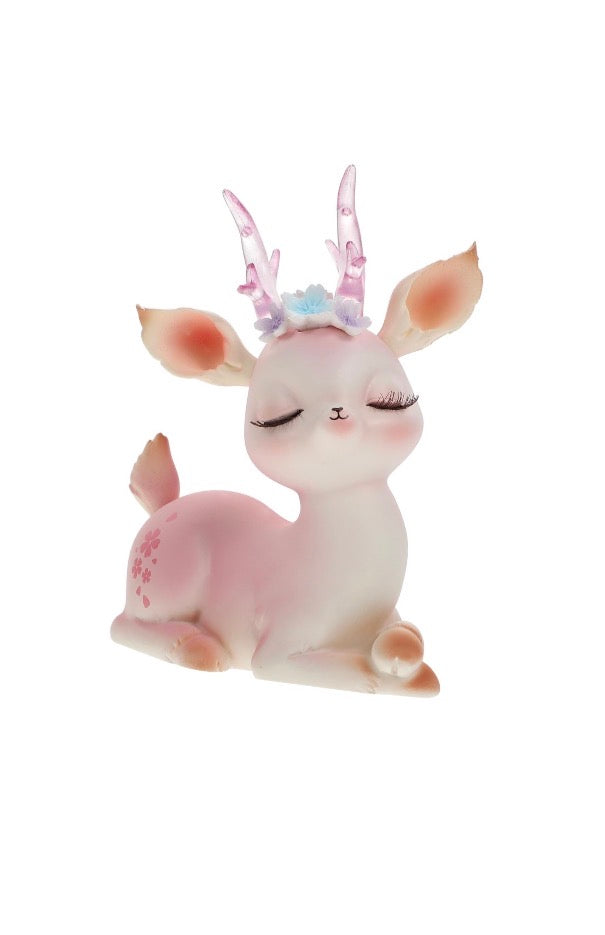 Cute Pink Sleeping Deer Ornament – Resin Fawn Figurine with Floral Antlers | Kawaii Home Desk Decoration | Nursery Décor | Gift Idea