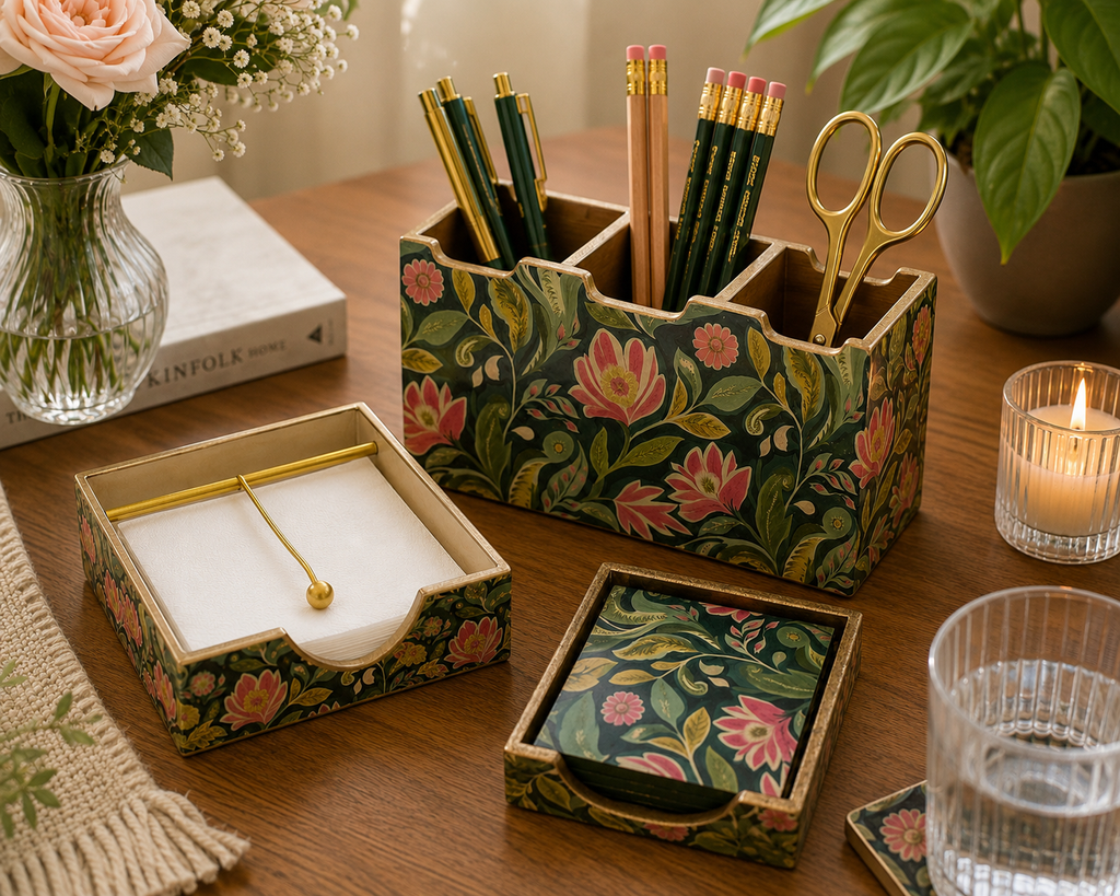 Luxury Floral Desk Gift Set – Desk Organiser, Tissue & Note Holder and Coaster Set | Premium Gift Boxed Collection