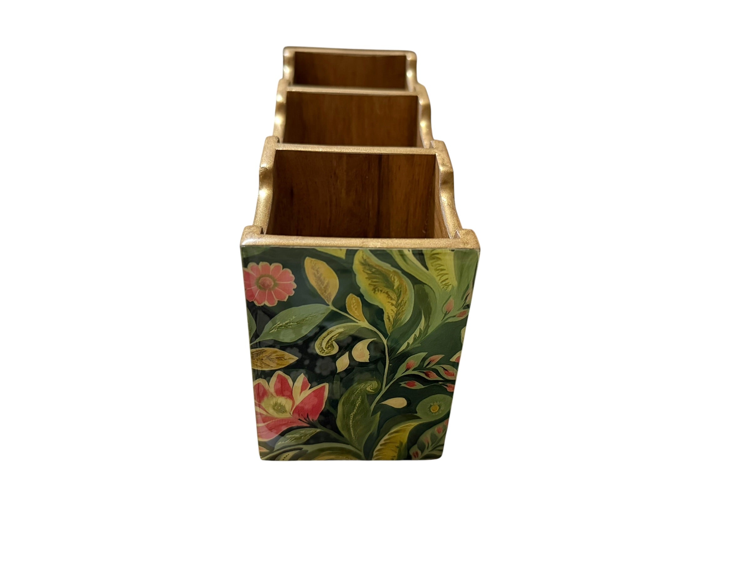 Floral Wooden Cutlery Holder 3 Compartment Kitchen Organiser Utensil Storage Caddy