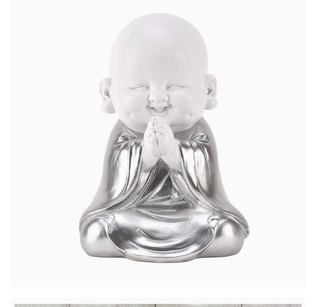 HESTIA Baby Buddha Praying Ornament White & Silver Resin Zen Figurine Home Décor 24cm