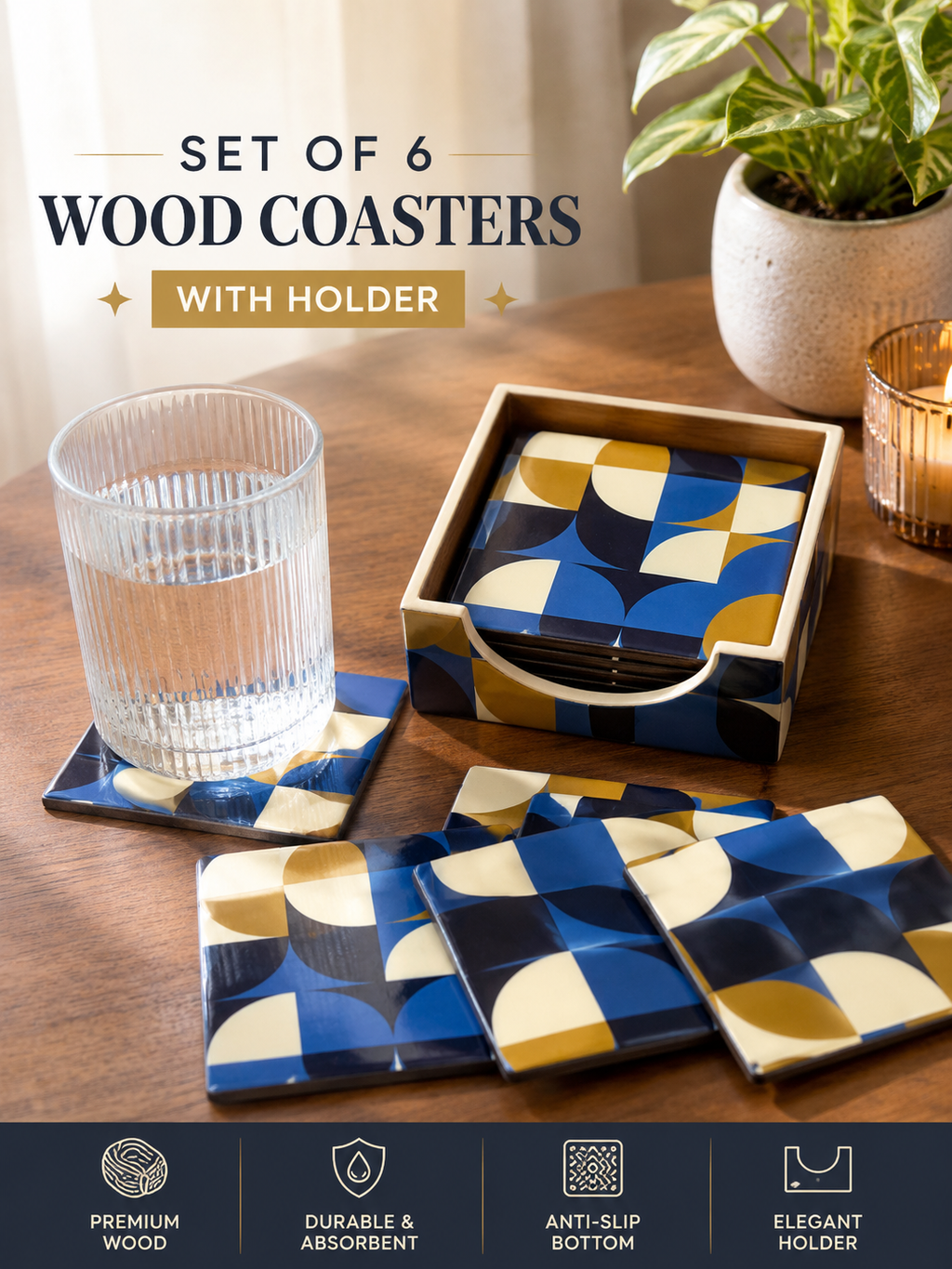 Set of 6 Wooden Coasters with Holder – Geometric Blue & Gold Design – Decorative Drink Coaster Set