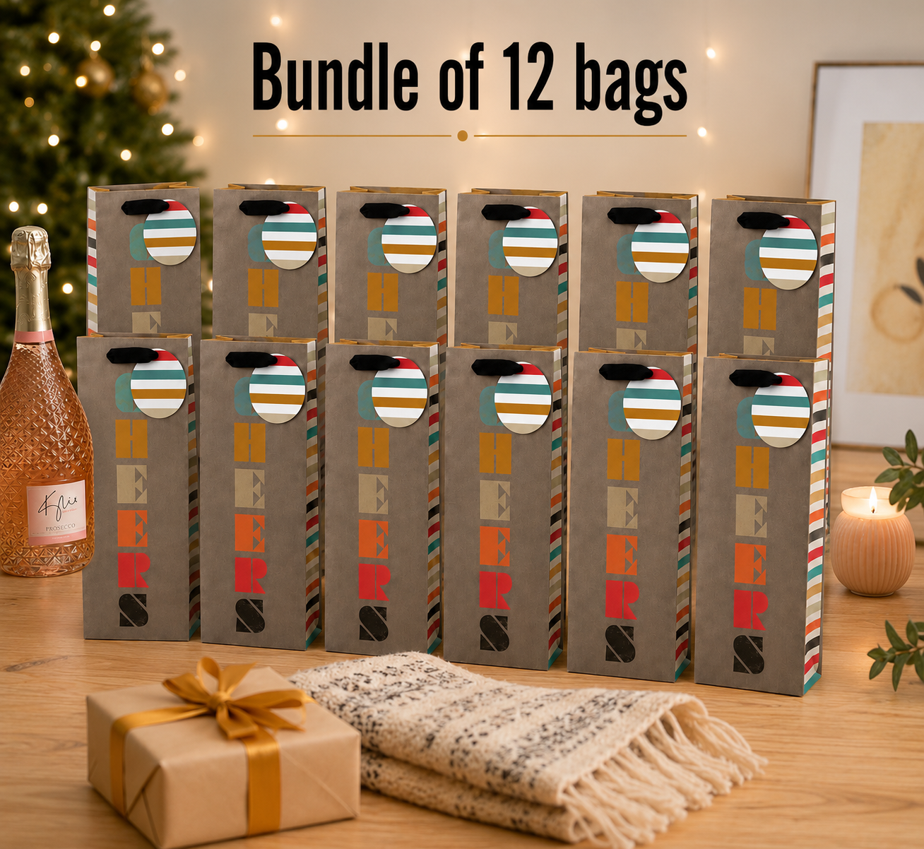 Cheers Bottle Gift Bags – Bundle of 12 Premium Paper Wine Bottle Bags