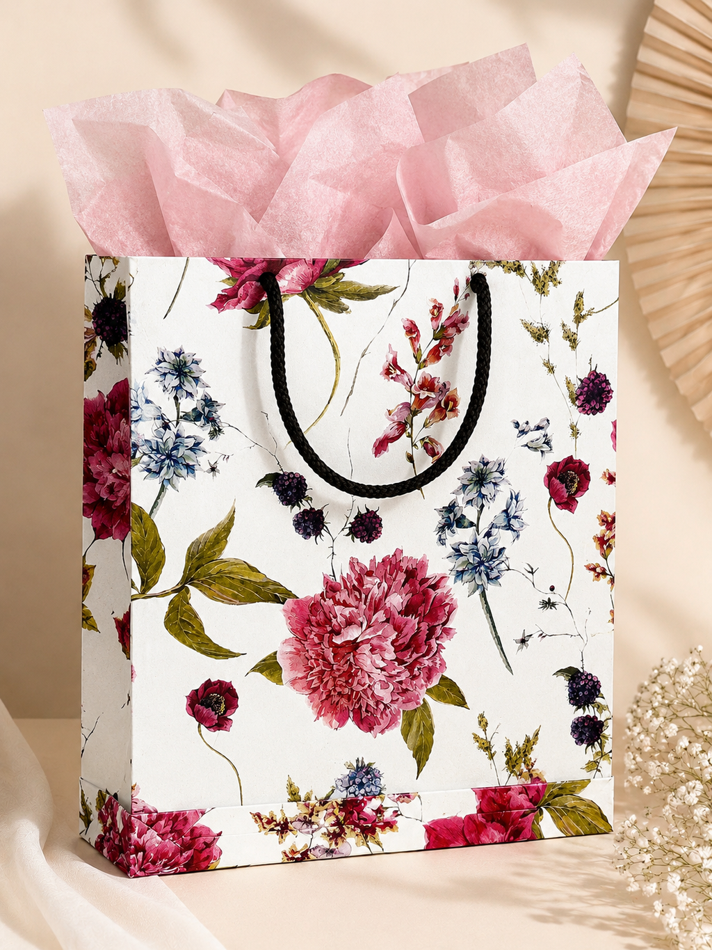 Pack of 4 Premium Floral Paper Gift Bags | Strong Rope Handles | Small Gift Bags | 20.3 × 7.6 × 27.9 cm