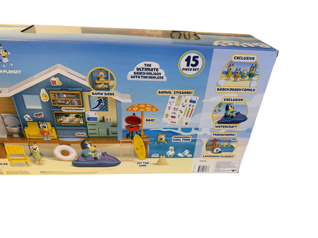 Bluey Beach Cabin Playset with Exclusive Bluey Figure &amp; Accessories – Interactive Holiday House Toy
