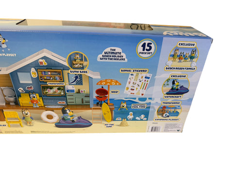 Bluey Beach Cabin Playset with Exclusive Bluey Figure &amp; Accessories – Interactive Holiday House Toy