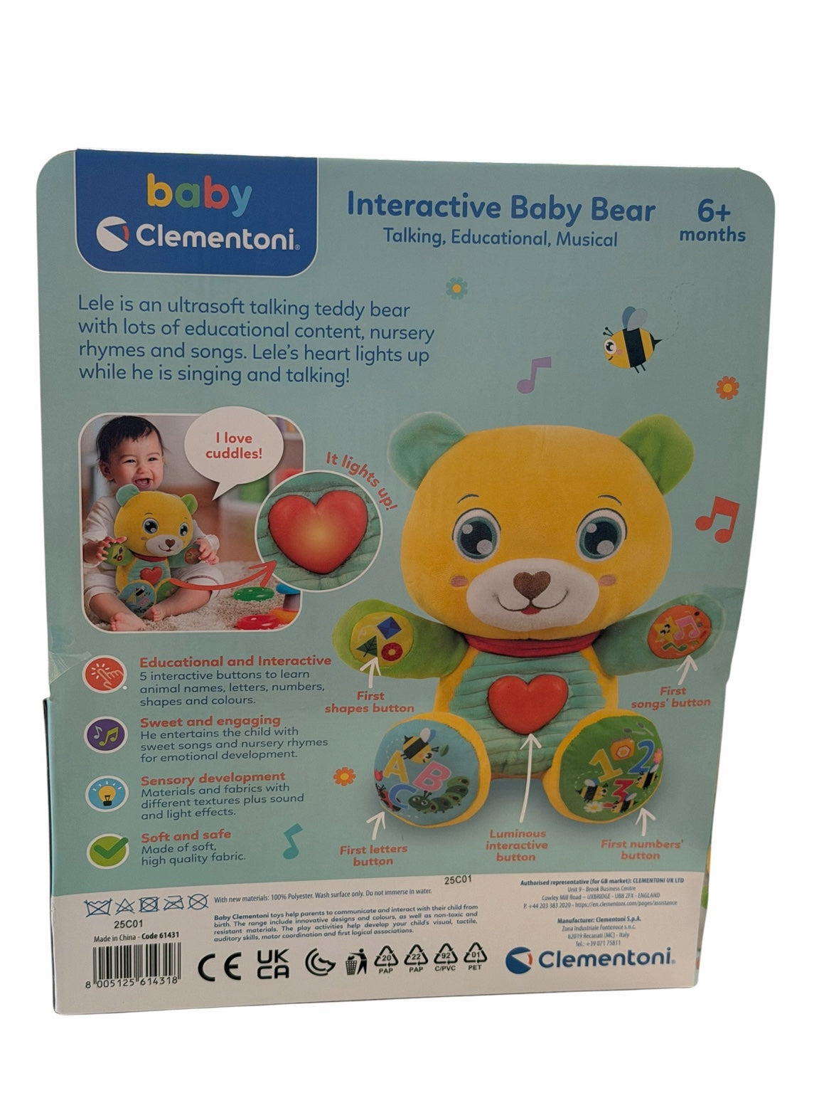 Baby Clementoni Interactive Baby Bear Talking Musical Educational Plush Toy 6M+