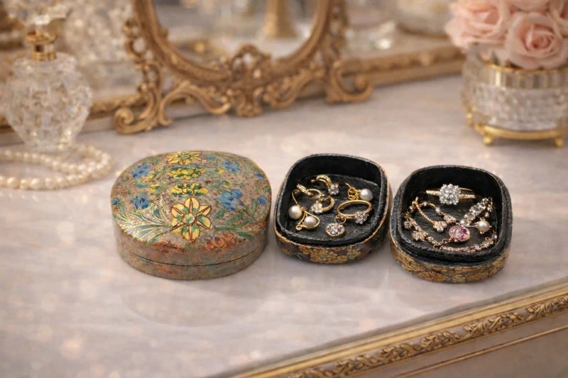 Bundle of 3 Handmade Kashmiri Papier Mâché Trinket Boxes Decorative Gift Boxes Floral