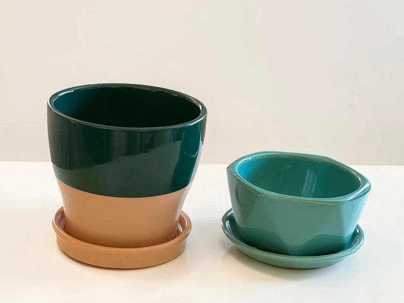 Ceramic Plant Pot Set with Saucers – Dark Green &amp; Teal (Set of 2)
