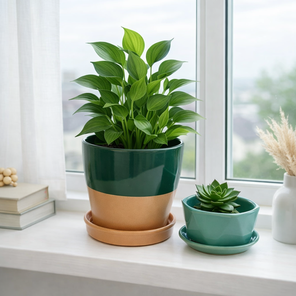 Ceramic Plant Pot Set with Saucers – Dark Green &amp; Teal (Set of 2)