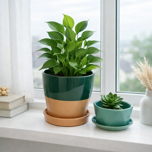 Ceramic Plant Pot Set with Saucers – Dark Green &amp; Teal (Set of 2)