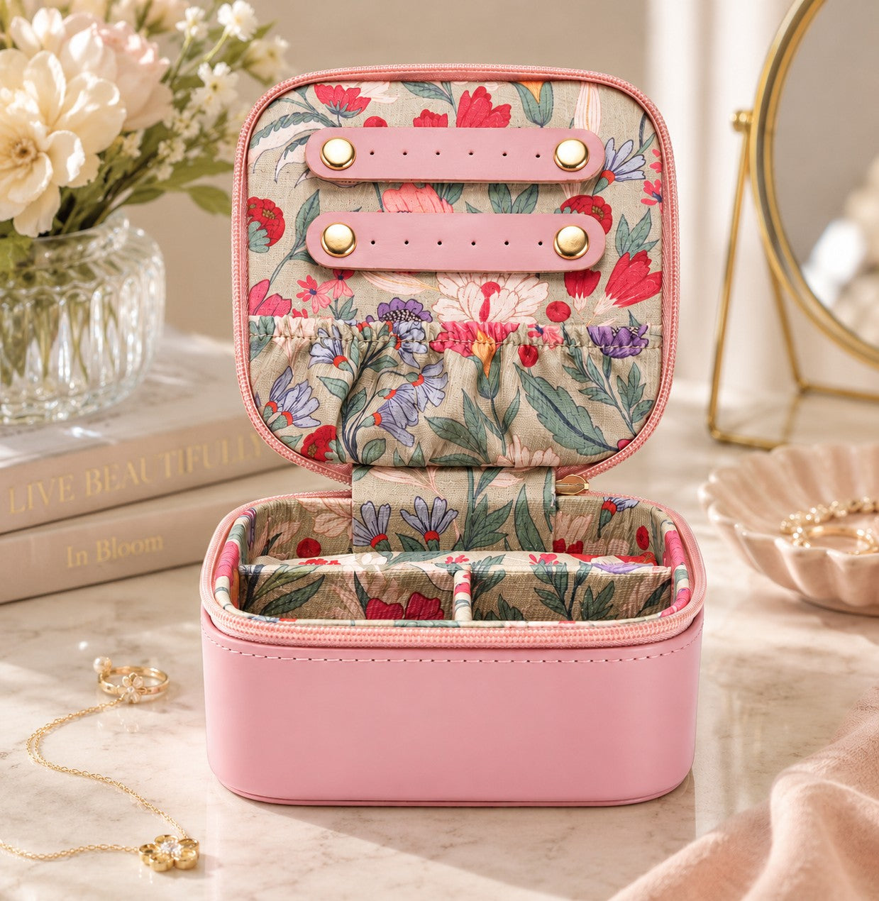 Sophia Lane Pink Travel Jewellery Box Floral Jewellery Organiser Gift for Her