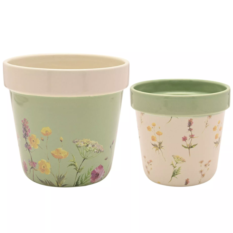 Country Living Set of 2 Floral Planters Plant Pots Cottage Garden Herb Succulent Indoor Décor