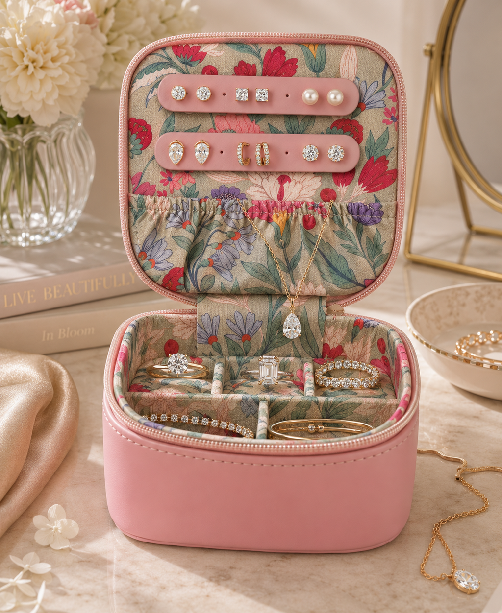 Sophia Lane Pink Travel Jewellery Box Floral Jewellery Organiser Gift for Her