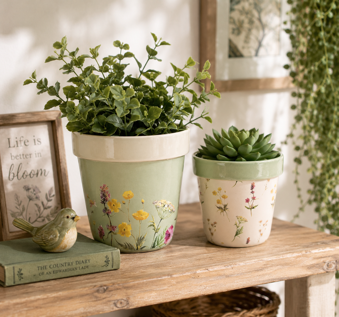 Country Living Set of 2 Floral Planters Plant Pots Cottage Garden Herb Succulent Indoor Décor