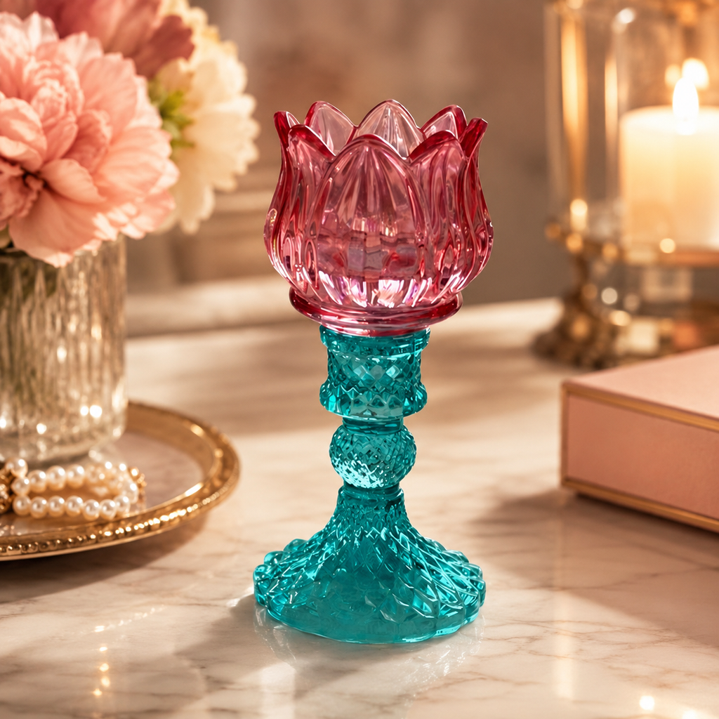 Pink & Teal Lotus Glass Tealight Candle Holder | Decorative Home Décor Gift