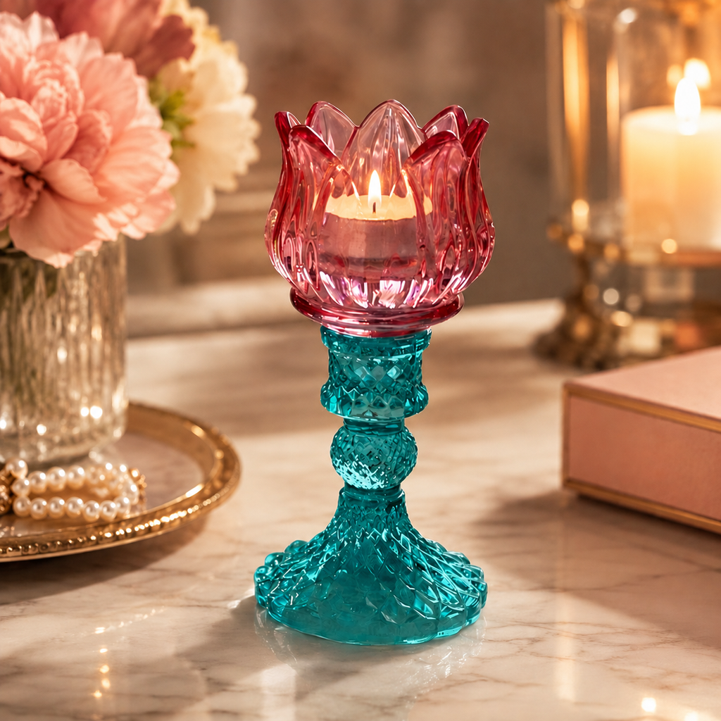 Pink & Teal Lotus Glass Tealight Candle Holder | Decorative Home Décor Gift