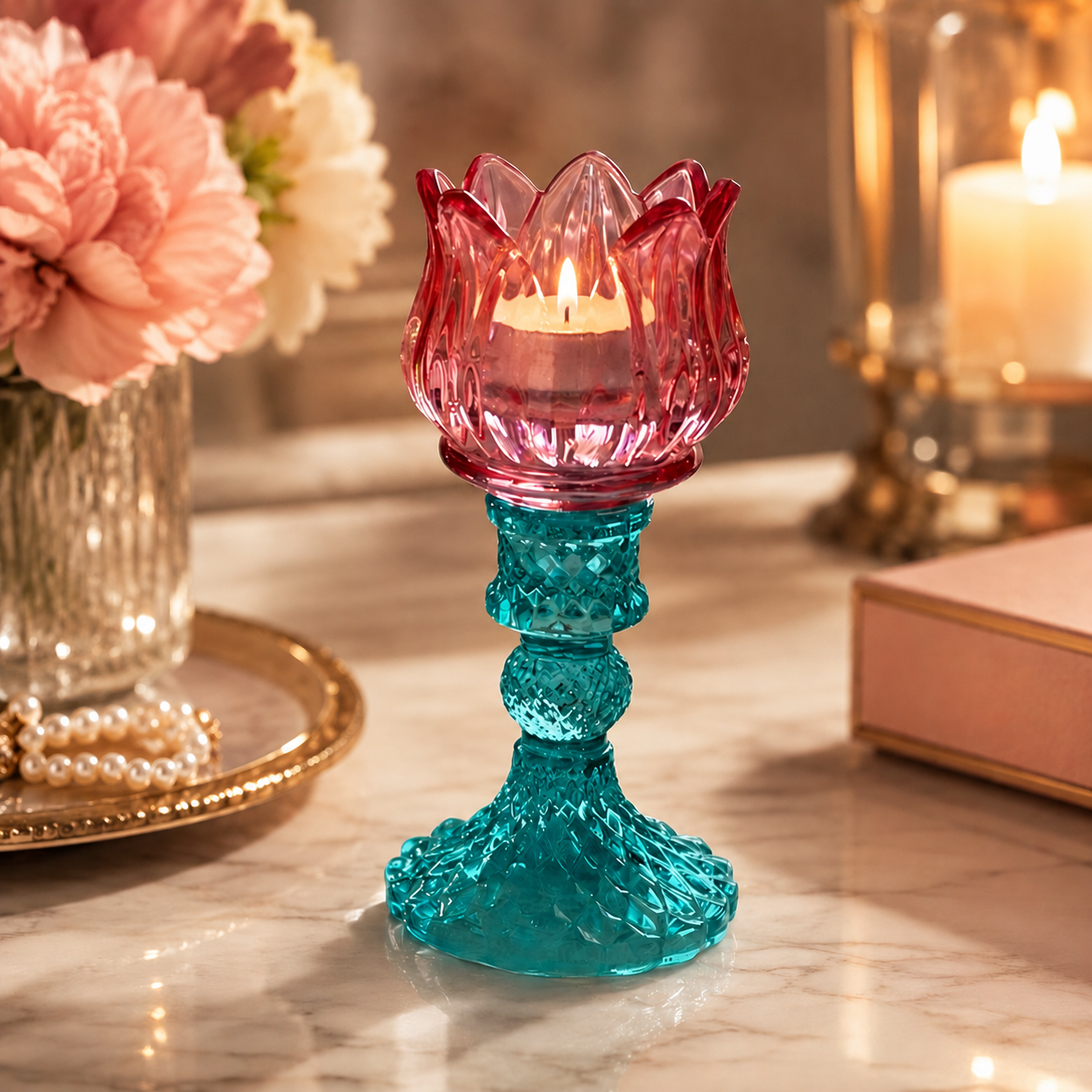 Pink & Teal Lotus Glass Tealight Candle Holder | Decorative Home Décor Gift